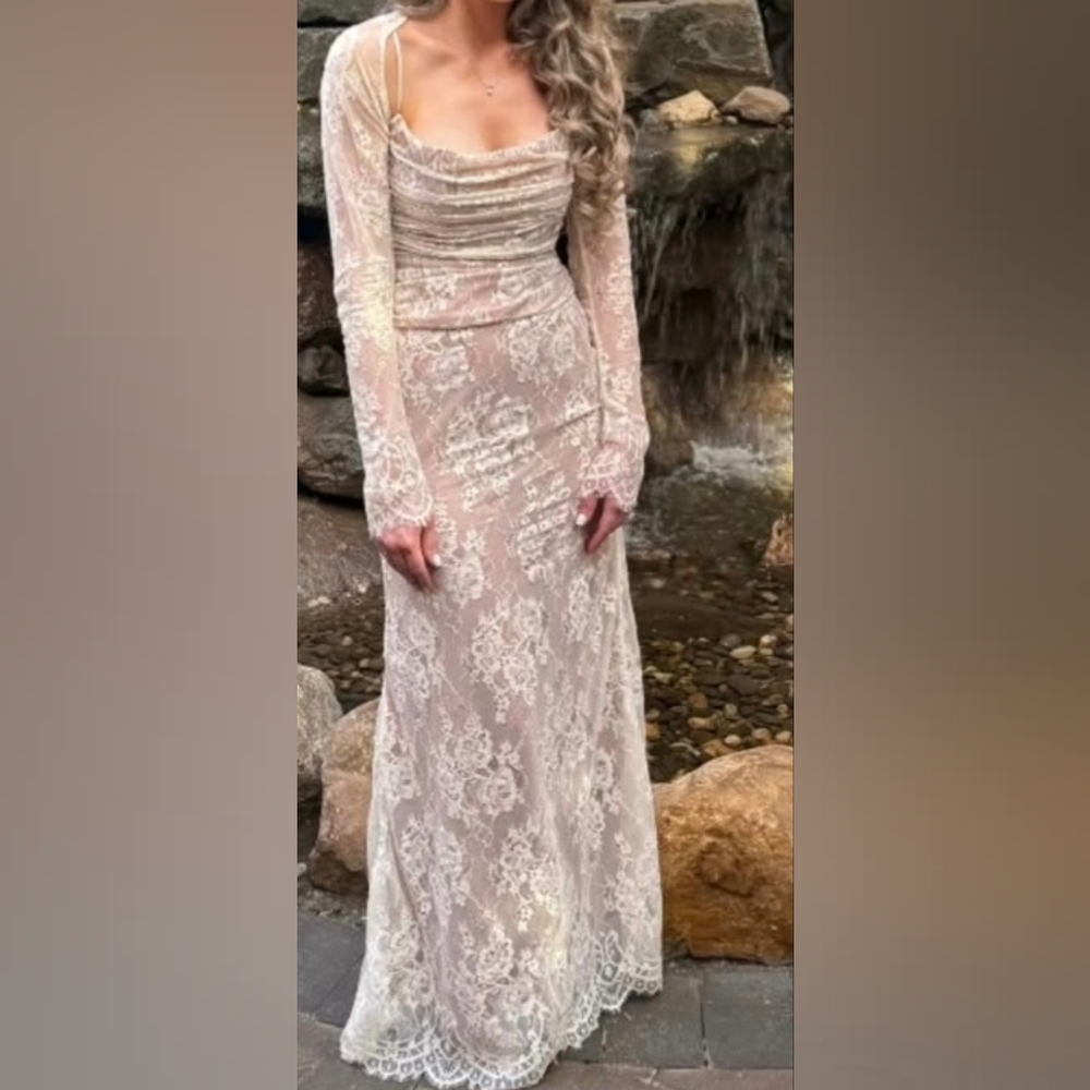 House of CB Cream Lace Long Sleeve Dress, Bridal Shower Dress, Engagment Dress